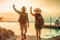 couple wearing hat and backpack raising arms up on the tropical beach at sunset ai generated art