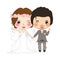 Couple Wedding. Cute Woman in Bride Dress and Mustache Man in Groom Tuxedo.