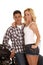 Couple western shirts motorcycle she smiles stand