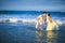 Couple in wet clothing goes in water at beach