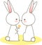 Couple white rabbits give a yellow flower cartoon character