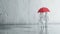 A couple of white stick figure is taking a walk while rain with a red umbrella
