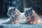 Couple white tiger covered in glowing lights, in a winter scene Ai generated