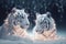 Couple white tiger covered in glowing lights, in a winter scene Ai generated