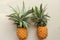 Couple whole pineapple tropical fruit or ananas isolated on white background. Whole ananas with leaves. Yellow orange ripe fresh