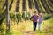 Couple of winegrowers walking in vineyard