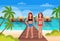 Couple women stand wooden path villa bungalow hotel on beach seaside green palms seascape tropical island summer