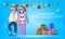 Couple women wearing red hat happy new year merry christmas concept flat gift box decoration blue background full length