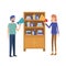 Couple with wooden shelving in white background icon