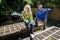 Couple working on vegetable garden in backyard