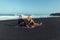 Couple Workout On Beach. Male And Female Doing Twist Exercise On Yoga Mat In Morning. Summer Vacation At Tropical Sea.