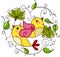 Couple yellow birds with green leaves shaped heart