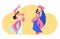 Couple of Young Girls in Beautiful Arabic Dresses and Jewelry Dancing Belly Dance with Raising Hands. Harem Women Swirling Arms