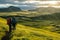 A couple of young hikers with heavy backpacks admiring scenic view of spectacular Icelandic nature. Breathtaking landscape of