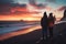 A couple of young hikers with heavy backpacks admiring scenic view of spectacular Icelandic nature. Breathtaking landscape of