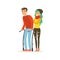 Couple of young people, man with crutches, healthcare assistance and accessibility colorful vector Illustration