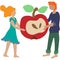 Couple of young people sharing an apple. Vector illustration