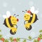 A couplelove bee holding a tank of honey and flying together and have flower on the background.