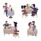 Couples eating together flat cartoon vector illustrations kit