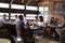 Couples enjoying lunch in a busy restaurant