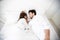 Couples lover Laying On Bed Happiness Lifestyle and smiling girl relaxing in white bed