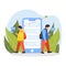 Couples typing messages on phone while traveling flat illustration design