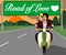 Couples who ride motorbikes together On the side of the road was a meadow and trees. At sunset And there is a sign that says `The