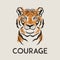 Courage Slogan. Vector Hand Drawn Tiger Face. Noble Tiger Head with Paint Splashes for Clothes, Fabrics, T-shirt, Card