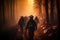 Courageous firefighters amidst a blazing forest, smoke billowing around them. Clad in protective gear, they embody