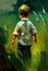 Courageous Journey: A Young Boy\\\'s Walk Through the Tall Grass with Beautiful Brush Strokes and Steely Determination