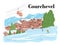 Courchevel ski resort in France. Winter elite resort. Bungalow amid fir trees, people skiing. Vector linear color illustration.