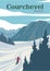 courchevel vintage travel poster with man skiing vector illustration design, france travel poster design