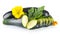 Courgettes cut into slices with flower and leaf on white