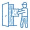 Courier with Box Enters Door doodle icon hand drawn illustration