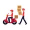 Courier carrying pile of boxes, delivering packages by scooter, motorcycle