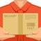 Courier delivering package hands holding package delivery flat design background concept vector illustration