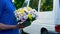 Courier delivery beautiful fresh bouquet, anniversary present, birthday gift