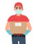 Courier or delivery man in safety protective medical mask, gloves holding parcel cargo box. Door delivery service during