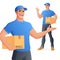Courier delivery service man holding box showing OK. Vector illustration.