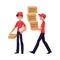 Courier, delivery service worker holding package, pushing dolly with boxes