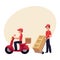Courier, delivery service worker holding package, pushing dolly with boxes