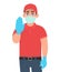 Courier or deliveryman in mask and gloves showing stop sign with palm. Person gesturing hand. Man making warning symbol. Corona