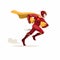 Courier express mascot hero, superhero courier running fast carrying package deliver to customer in cartoon flat illustration vect