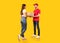 Courier Guy Giving Parcel Box To Woman Over Yellow Background