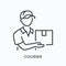 Courier line icon. Vector outline illustration of delivery boy with box. Man in hat with parcel pictorgam