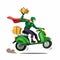 Courier man with cloak delivery package to customer ride motorbike. character in cartoon comic illustration vector isolated in whi