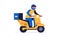 Courier online delivery of parcels. A delivery courier rides a yellow motorcycle wearing a helmet with an order box