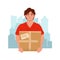 Courier with the package on the city background. Male courier character with box during the prevention of virus. Safety home and