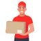 Courier with the parcel. A delivery man in red uniform holds a cardboard box in his hands