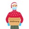 Courier in santa claus hat and protective medical mask holds box in his hands. Safe delivery